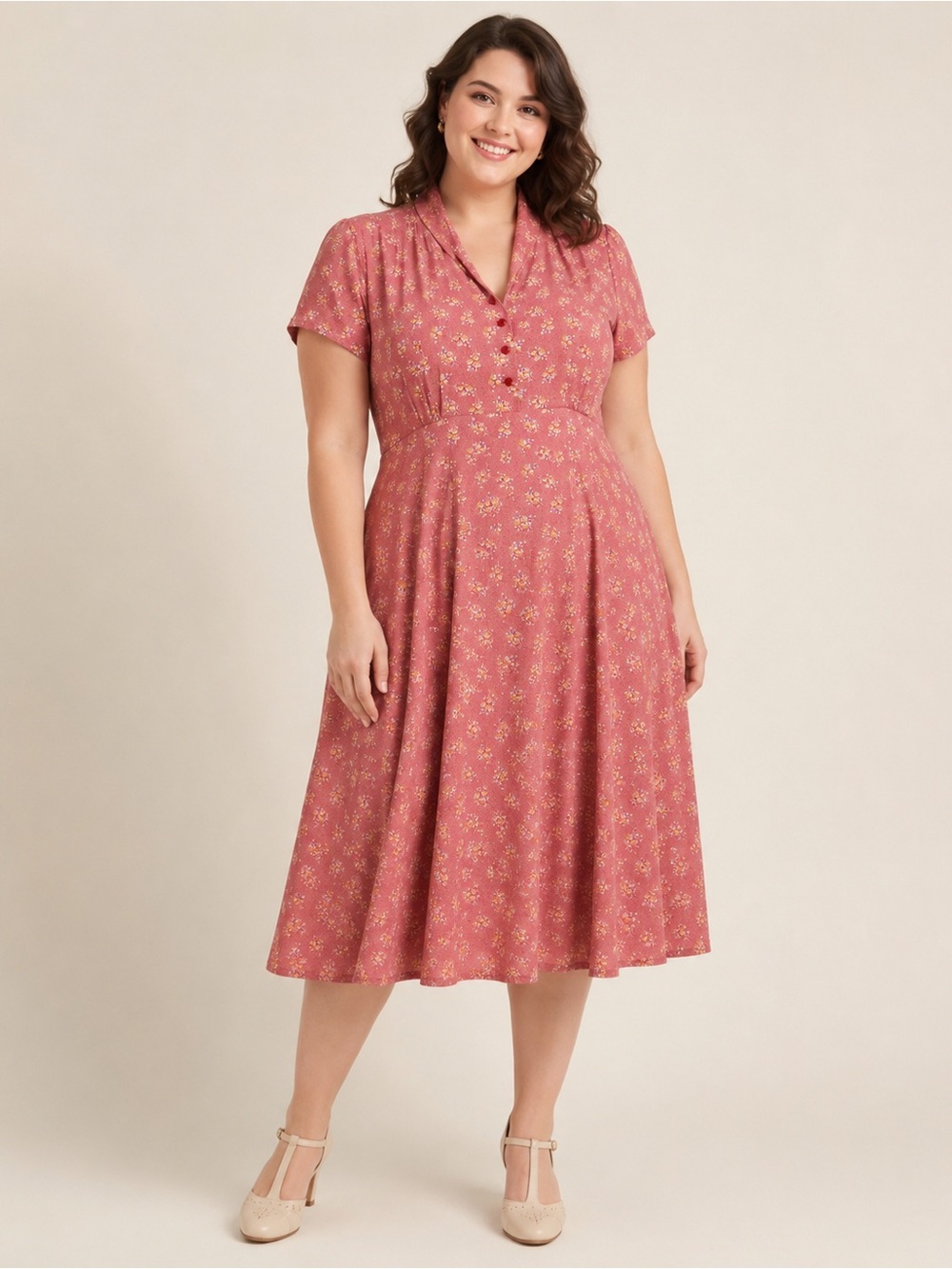Vintage-Inspired Pink Floral Midi Dress